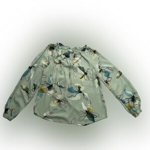 A New Day Green and Pink Floral V-Neck Lantern Sleeve Women’s Top - Large